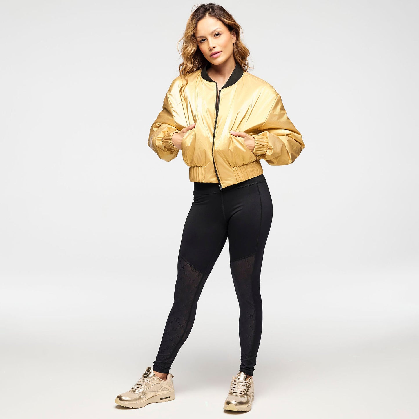 Zumba Runway Crop Zip Up Puff Bomber Jacket - Gold