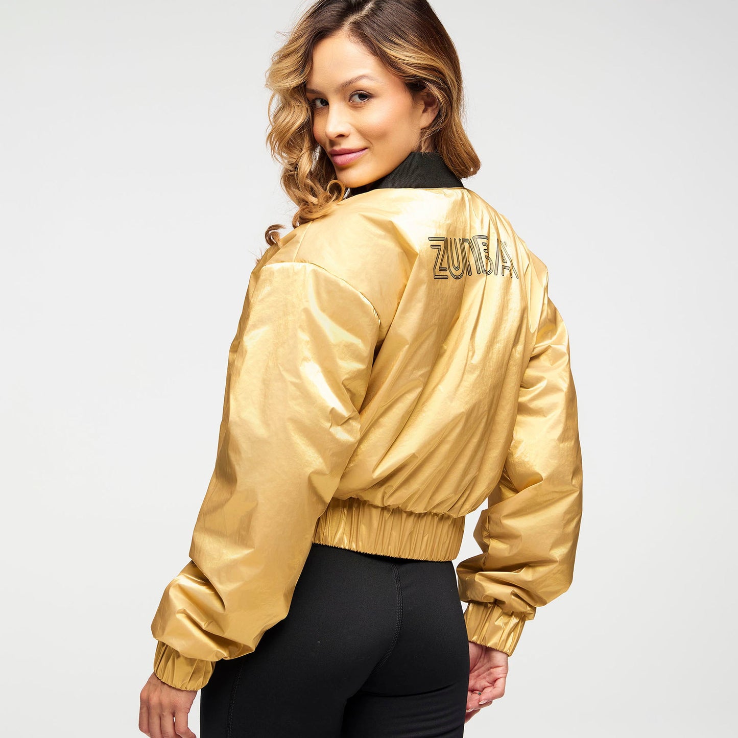 Zumba Runway Crop Zip Up Puff Bomber Jacket - Gold