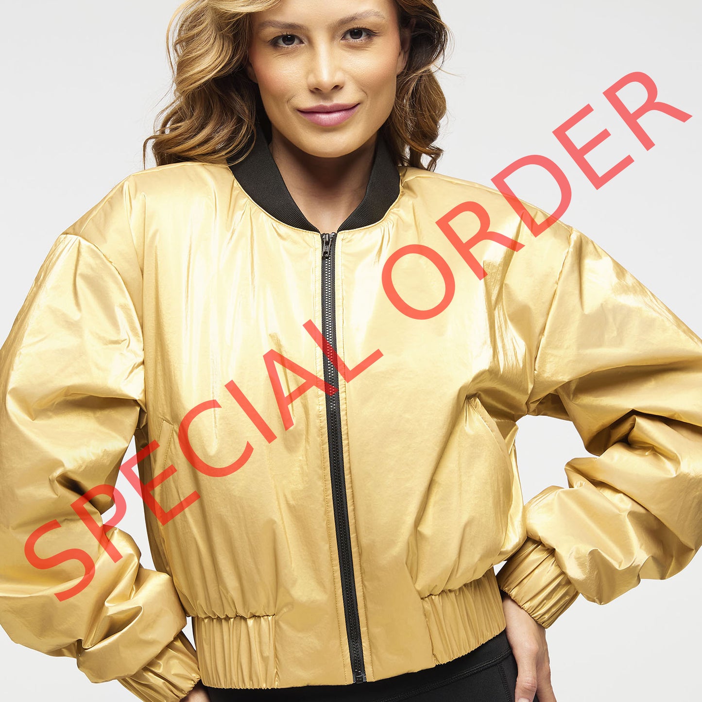 Zumba Runway Crop Zip Up Puff Bomber Jacket - Gold