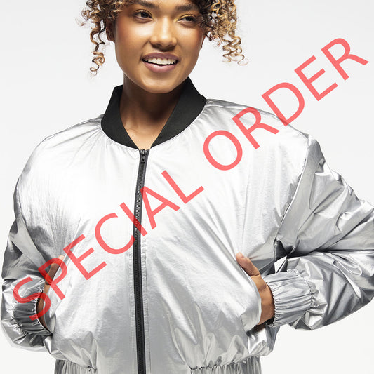 Zumba Runway Crop Zip Up Puff Bomber Jacket - Silver